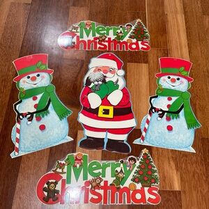 3 Large Vtg Christmas Die Cut Cardboard Decor 17” Laminated Snowman Santa Sign